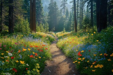 Colorful wildflower path through a serene forest in the early morning light