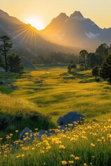 Sunlight illuminates a lush valley with blooming flowers and distant mountains at sunrise