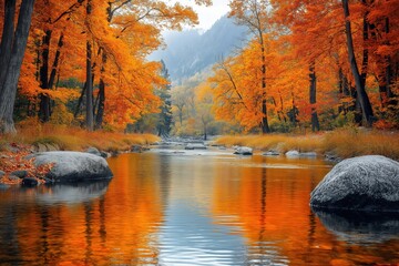 Fototapeta premium Scenic autumn river surrounded by vibrant orange trees reflecting on the water