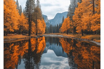 Obraz premium Vibrant autumn landscape reflecting on a serene river in a national park during midday