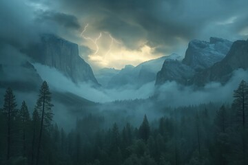 Storm clouds gather over a misty valley in Yosemite National Park during twilight hours