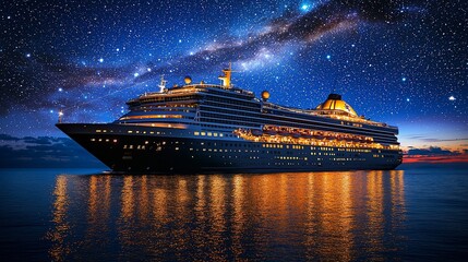 Illuminated cruise ship at night under a starry sky.