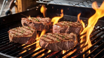 Beef steaks sizzling on the grill with flames, perfect for barbecue and grilling concepts