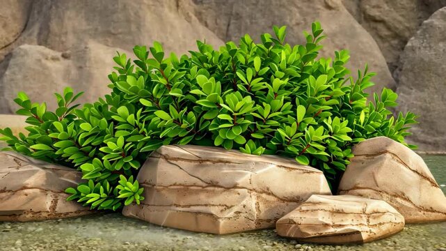 A lush Mediterranean juniper bush thrives between two sizable sandy rocks, depicted in a stunning 3D illustration with an isolated background.