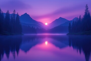 Fototapeta premium Sunset over tranquil lake surrounded by mountains and trees in a serene landscape