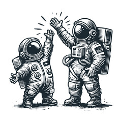 The cute astronaut high five hands with his friend. Black white vector icon and logo illustration.