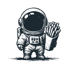 The cute astronaut hold a French fries. Black white vector icon and logo illustration. © Maryoto