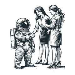 The cute astronaut shake hand agreement with business person. Black white vector icon and logo illustration.