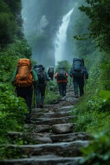 Hikers ascend a rocky path surrounded by lush greenery and a distant waterfall on a misty day