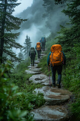 Obraz premium Hikers trek along a misty mountain trail during a rainy afternoon in a lush forest setting