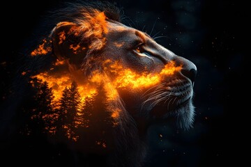 Naklejka premium A double exposure portrait of a majestic lion's side profile, set against a backdrop of trees and a sunset sky.