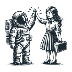 The cute astronaut high five hands with a girl . Black white vector icon and logo illustration.