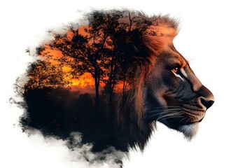 Naklejka premium A double exposure portrait of a majestic lion's side profile, set against a backdrop of trees and a sunset sky.