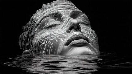 Woman relaxing with eyes closed, floating in dark water with abstract light patterns