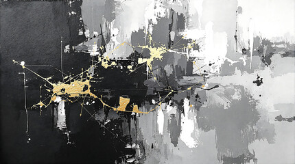 Obraz premium Abstract painting with black, white, and gray tones, accented with gold splashes. Modern and contemporary, suitable for interior design, art galleries, or as a stylish background.
