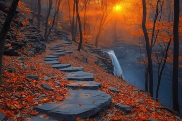 Stony path winding through autumn forest towards waterfall at sunset