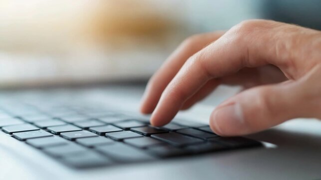 A close-up of a hand typing on a laptop keyboard.