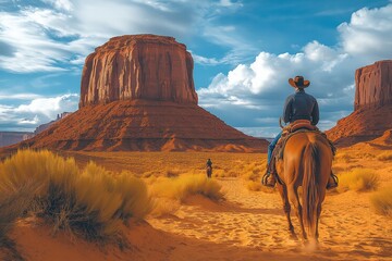 Riding through Monument Valley at sunset with breathtaking rock formations and dramatic skies