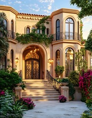 Naklejka premium Luxurious Mediterranean-style house with ornate entryway, lush landscaping, and grand staircase.