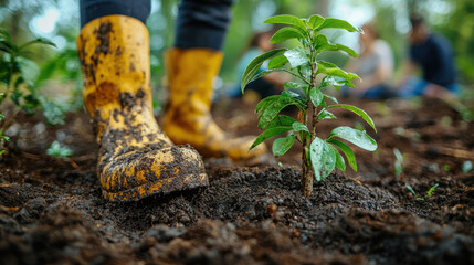 A close up of muddy yellow boots standing near small green plant in rich soil, symbolizing growth and connection to nature