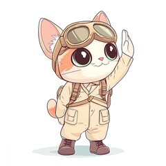 Naklejka premium A cute kawaii 2D cartoon vector cat wearing a pilot uniform, saluting, soft pastel colors, plain white background.
