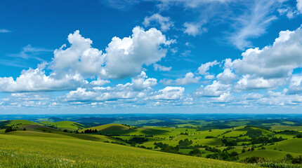 Fototapeta premium Vibrant landscape with rolling green hills, a bright blue sky, and fluffy white clouds. Ideal for travel, nature, environmental, or agriculture-themed projects.