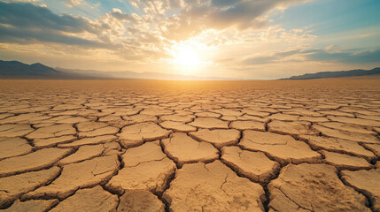 Dried, cracked earth in a desert landscape, with a city visible in the background. The sky is cloudy,