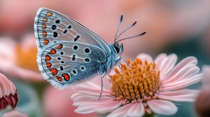 Obraz premium Blue butterfly feeding on a pink flower.