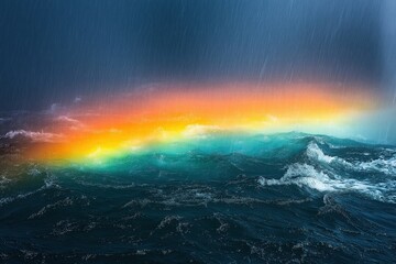 Naklejka premium Colorful rainbow appear over dark ocean waves during a rainfall at twilight near the horizon