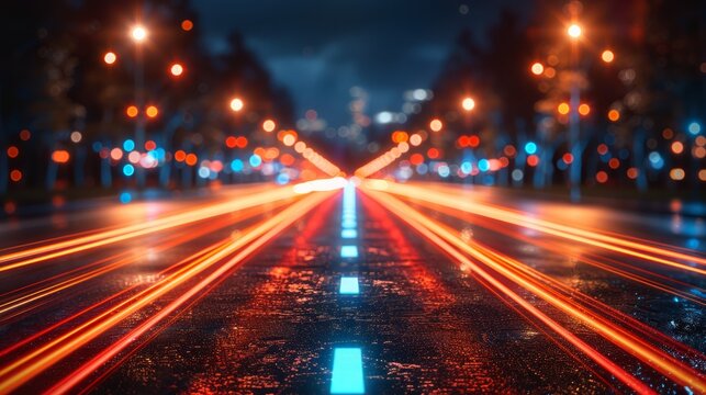 Night city street with light trails.