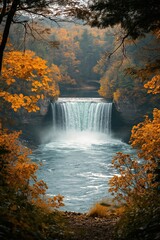 Captivating waterfall surrounded by vibrant autumn foliage in a tranquil forest setting