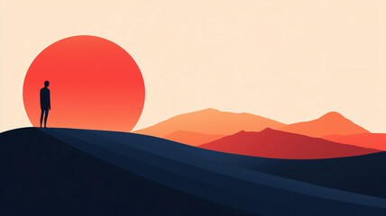 Minimalist landscape of setting sun with multilayered hills of varying shades of orange with a tiny man standing in silhouette on a hill representing loneliness in the digital age.