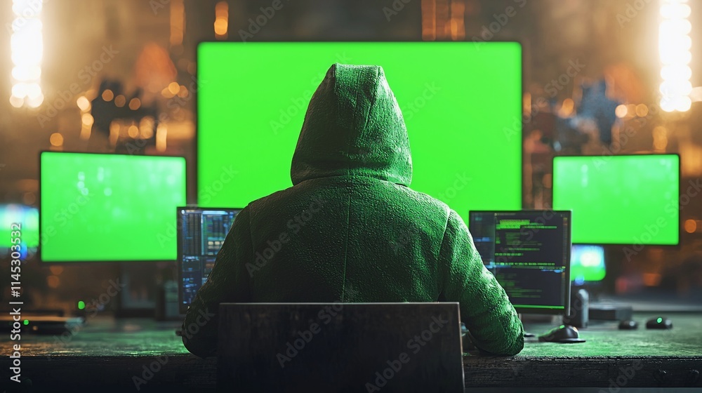 Poster Hacker in green hoodie sits at desk with multiple screens showing green screen and code.
