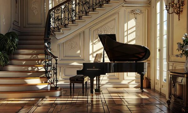 Grand Piano in a Luxurious Foyer with Sunlight and Staircase