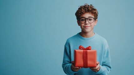 Young boy with curly hair holding small gift in red wrapping against blue background, festive celebration moment