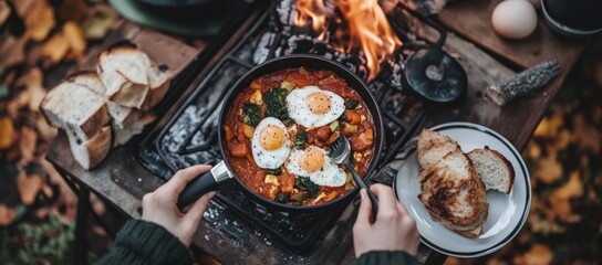 Person cooking eggs and vegetables in a pan over a campfire.