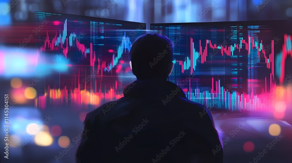 Poster trader in front of multiple ai generated illustration