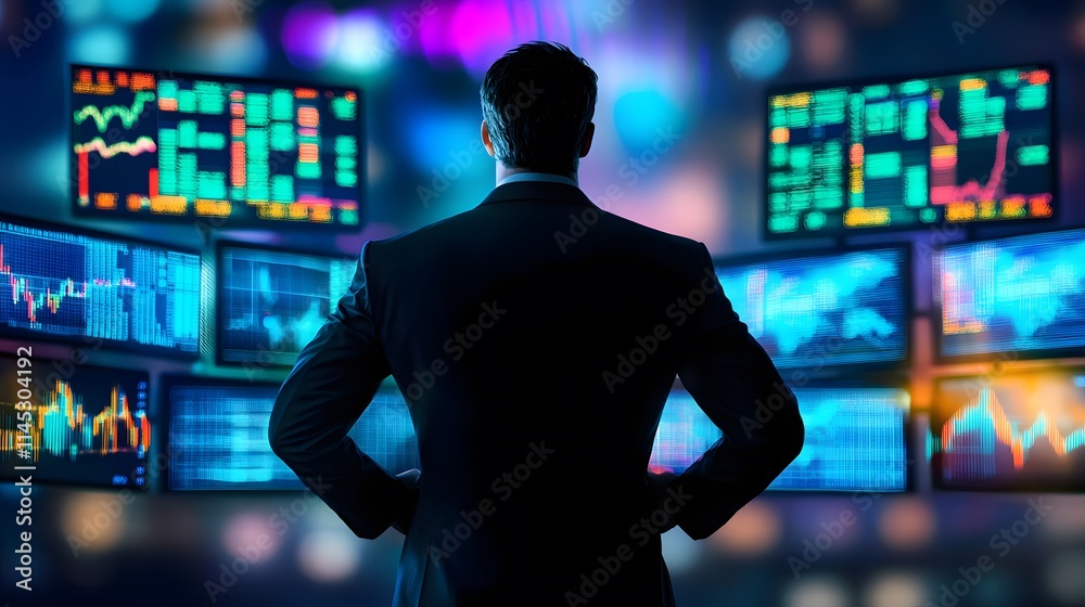 Poster trader in front of multiple ai generated illustration