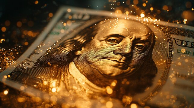 Close-up of a hundred-dollar bill with golden sparkles.