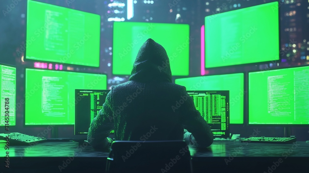 Poster Hooded hacker at night working on multiple monitors displaying green code.