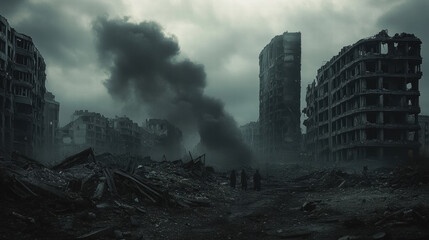 The city after the war, the ruins of buildings, the charred remains billowing smoke in the ruins under the dark clouds