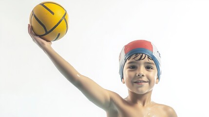 Young Boy Smiling with Water Polo Ball in Bright Swimming Pool Scene