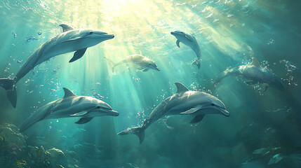 Obraz premium A playful pod of dolphins swimming together against a backdrop of sunlight