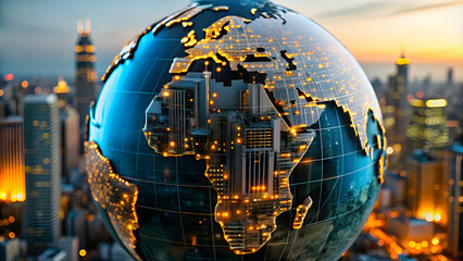 Abstract Globe City Skylines Circuit Overlays Global Connectivity with Copy Space