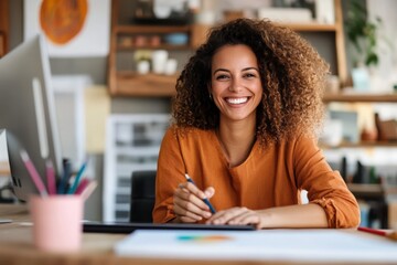 A young woman with a joyful expression works within a creatively decorated office space, showcasing...