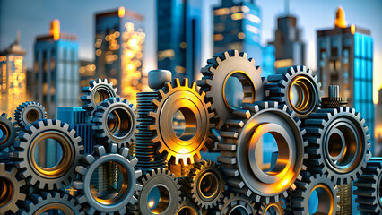 Abstract cityscape with gears integrated into buildings concept as A cityscape where buildings incorporate gears within their structures symbolizing industrial innovation in urban development; ample c