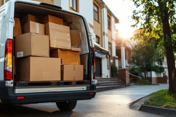 A van with its rear open, showcasing a stack of cardboard boxes, is parked along a tree-lined street with sunlight filtering through, ready for next delivery.