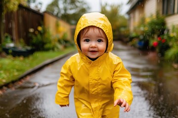 An adorable baby dressed in a bright yellow raincoat happily explores a rain-soaked pathway, creating a memorable scene filled with delight and exploration.