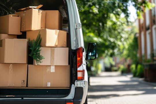 A delivery van stands open on a picturesque suburban street with boxes and a sprig of greenery visible inside, symbolizing eco-friendly logistics solutions.