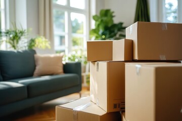 The image features a living room filled with stacked cardboard moving boxes, light streaming through the windows, and a sofa, indicating a moving day scene.